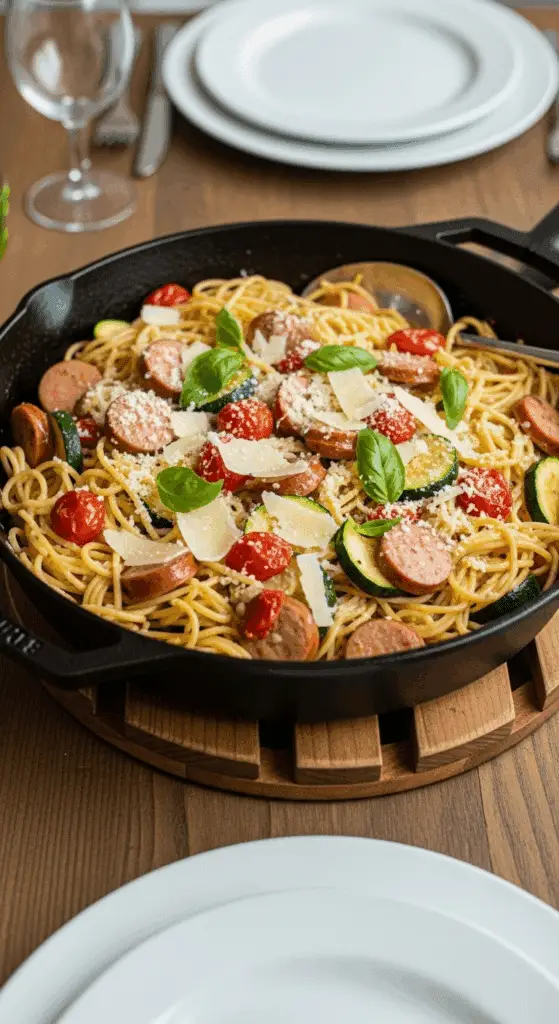 A skillet of homemade Chicken Sausage Pasta with zucchini and tomatoes.