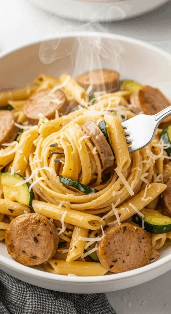 A delicious serving of the finished Chicken Sausage Pasta in a bowl.