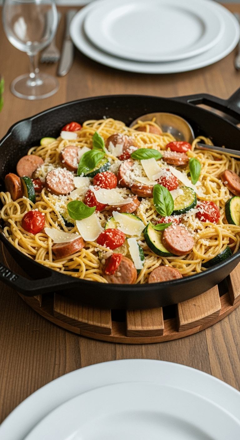 A skillet of homemade Chicken Sausage Pasta with zucchini and tomatoes.