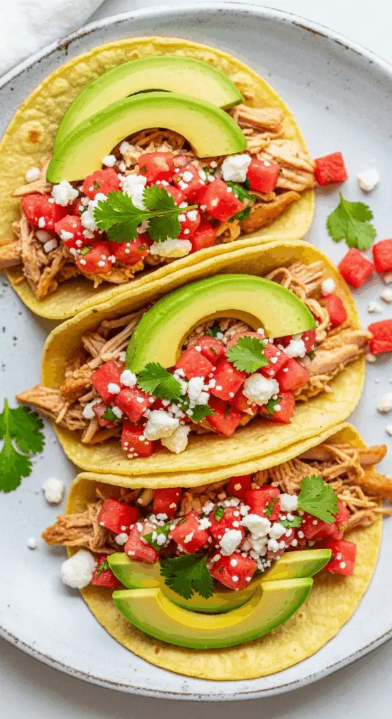 Three homemade, fresh Chicken-Watermelon Tacos on a plate.