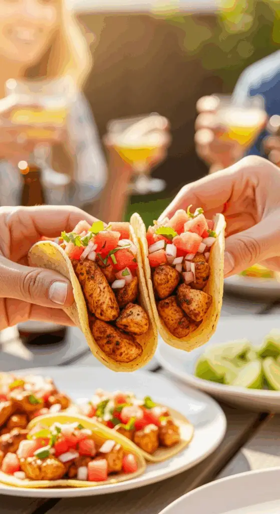 Two hands holding finished Chicken-Watermelon Tacos at a summer party.