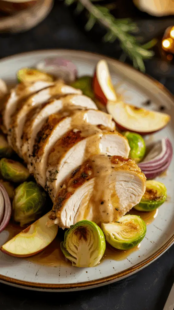 A perfectly plated meal of Chicken and Brussels Sprouts with Apple Cider Sauce.