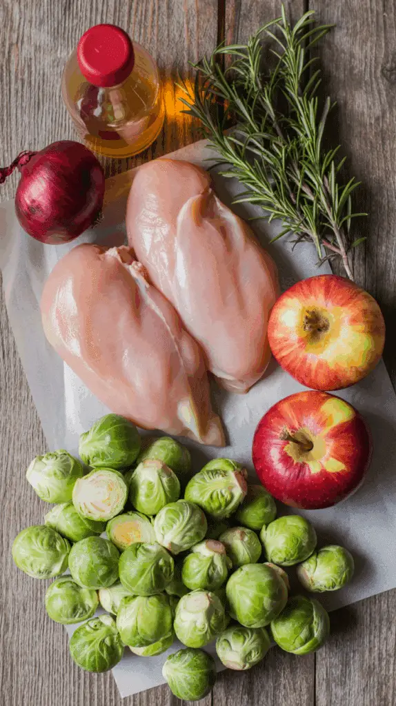 The fresh, autumnal ingredients for the Chicken and Brussels Sprouts with Apple Cider Sauce recipe.