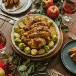 A beautiful autumn dinner party table featuring the Chicken and Brussels Sprouts with Apple Cider Sauce.