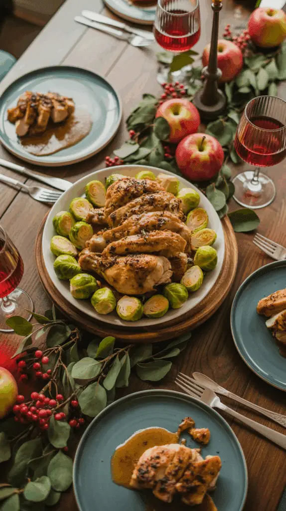 A beautiful autumn dinner party table featuring the Chicken and Brussels Sprouts with Apple Cider Sauce.