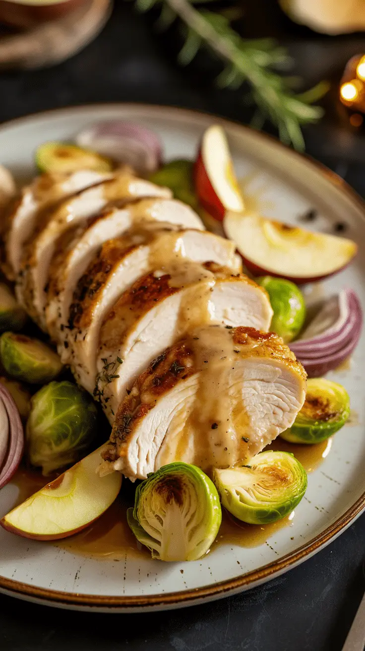 A perfectly plated meal of Chicken and Brussels Sprouts with Apple Cider Sauce.
