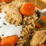 A spoonful of the finished Chicken and Vegetable Stew with couscous and yogurt.