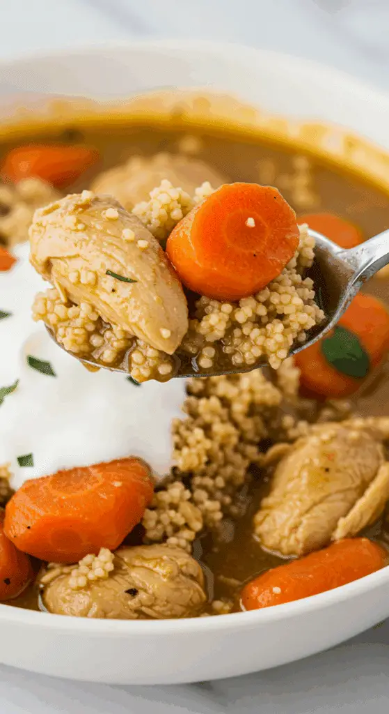 A spoonful of the finished Chicken and Vegetable Stew with couscous and yogurt.