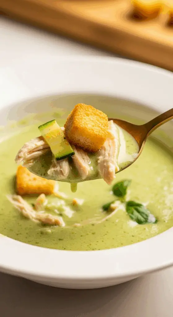 A spoonful of the finished Chilled Zucchini Soup with chicken and a crouton.