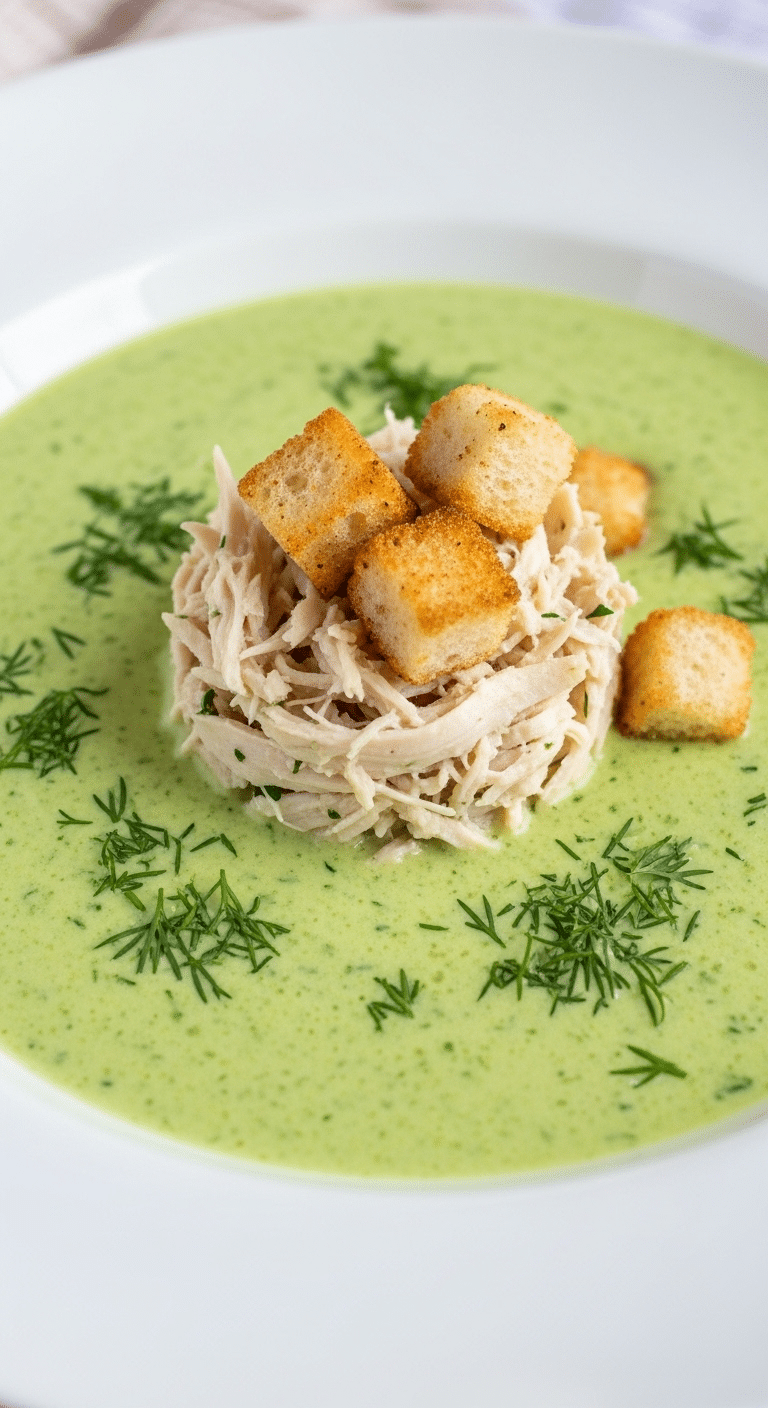 A bowl of homemade, elegant Chilled Zucchini Soup with chicken and croutons.