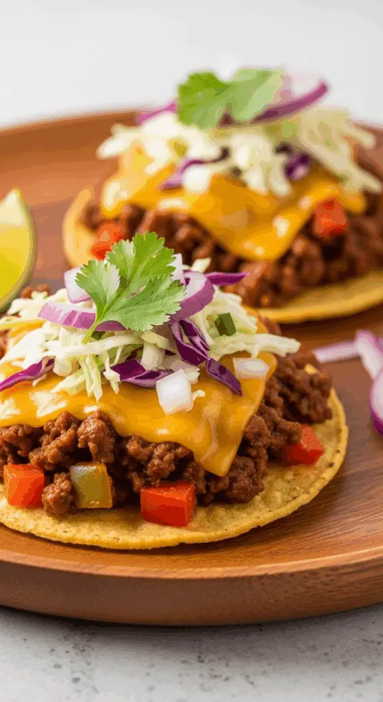 Two homemade, loaded Chipotle Beef Tostadas on a plate.