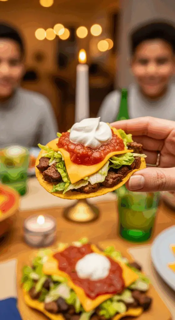 A hand holding a finished Chipotle Beef Tostada.