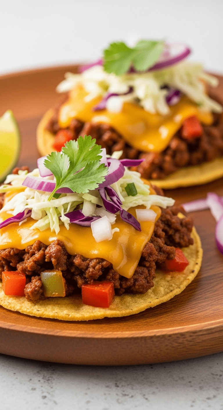 Two homemade, loaded Chipotle Beef Tostadas on a plate.