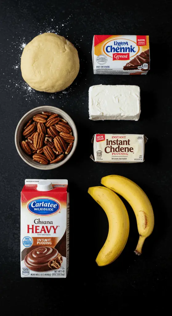 The ingredients for the layered Chocolate Banana Pie recipe on a dark table.