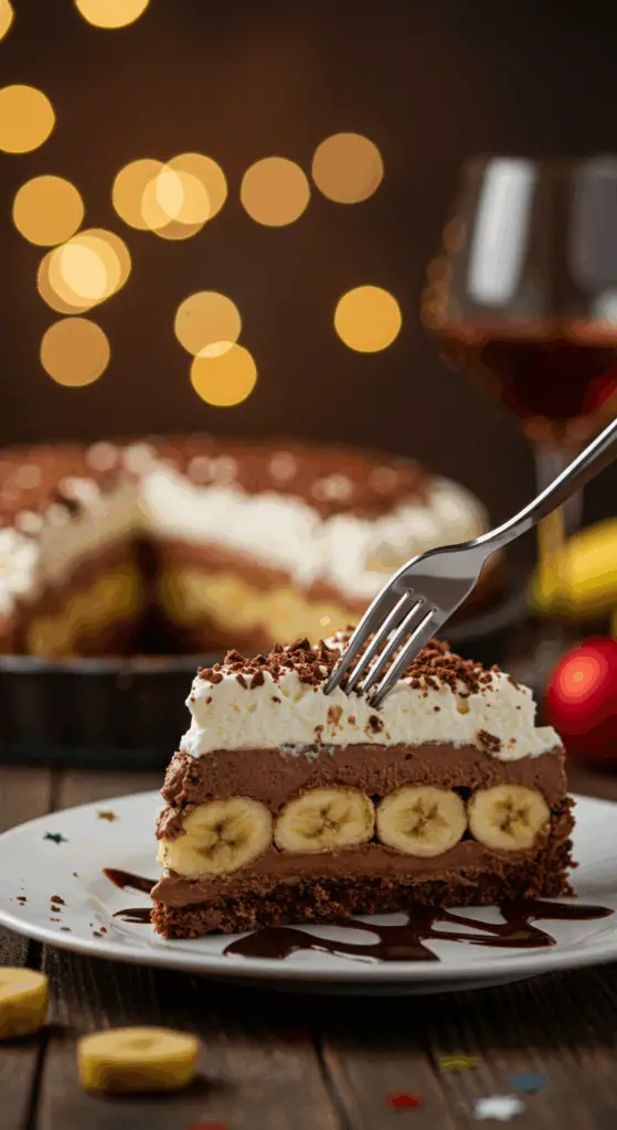 A beautiful slice of Chocolate Banana Pie being served at a festive party.