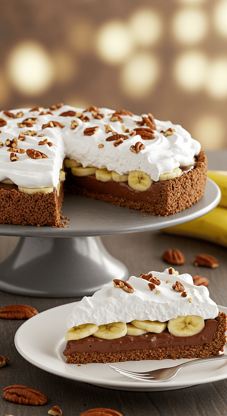 A beautiful, layered Chocolate Banana Pie on a cake stand with one perfect slice removed to show the layers.