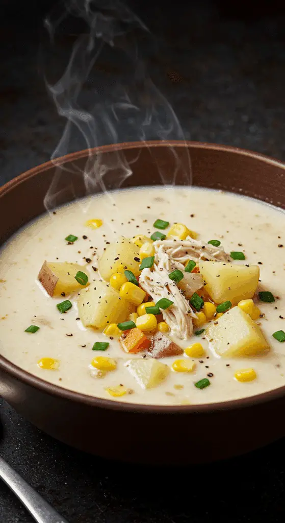 A warm, cozy bowl of creamy and Chunky Chicken Chowder, garnished with fresh chives.