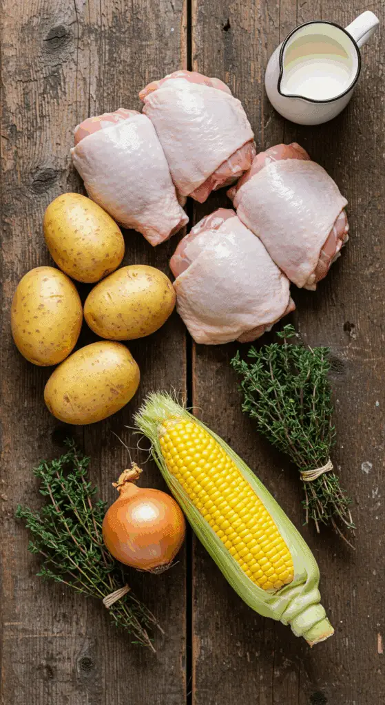 The rustic ingredients for a hearty Chunky Chicken Chowder laid out on a wooden table.