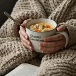 A person getting cozy and holding a warm mug of Chunky Chicken Chowder.