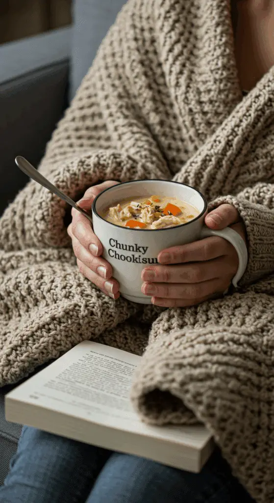 A person getting cozy and holding a warm mug of Chunky Chicken Chowder.
