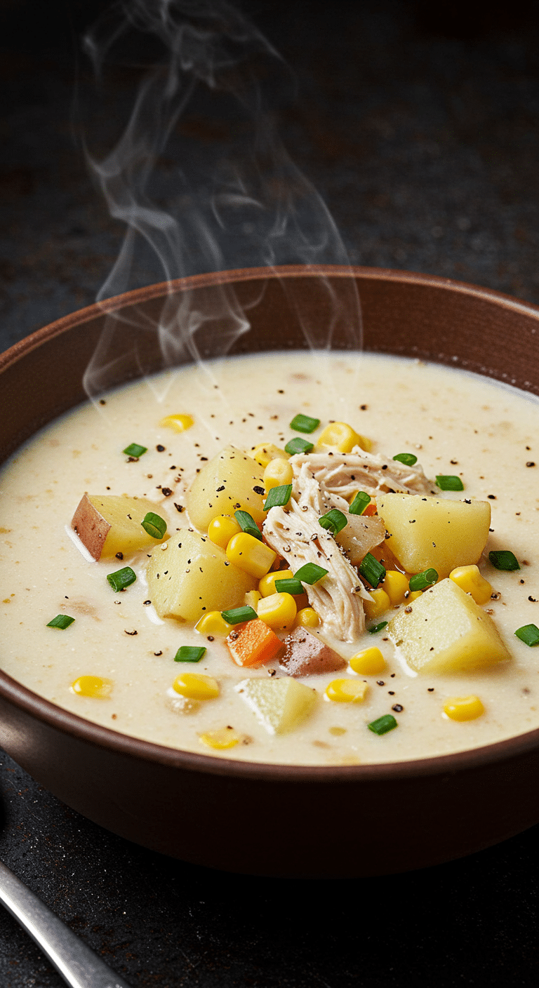 A warm, cozy bowl of creamy and Chunky Chicken Chowder, garnished with fresh chives.