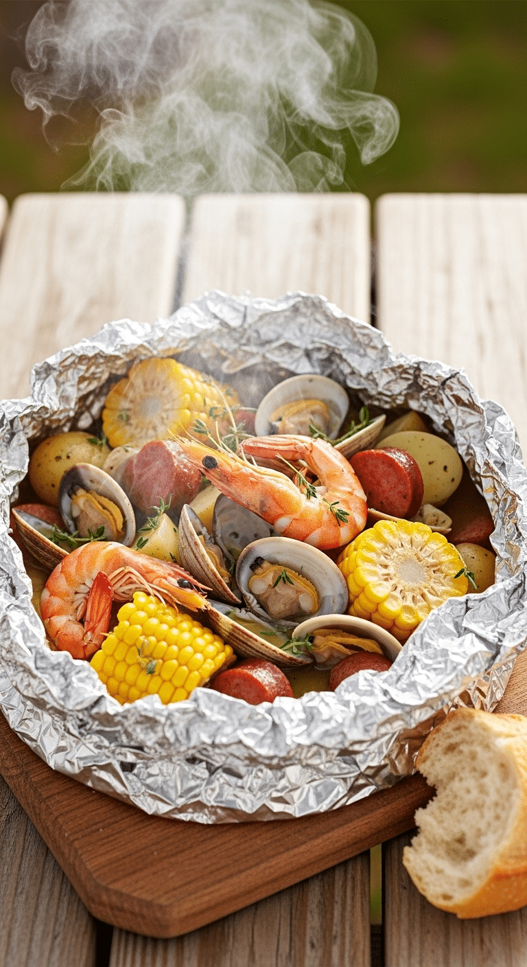 A freshly opened, steaming Clambake Foil Packet filled with seafood and sausage.