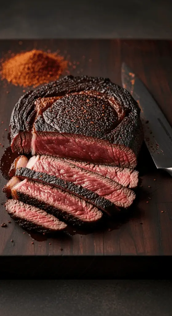 A perfectly cooked, medium-rare steak with a dark and crispy Cocoa Steak Rub crust.