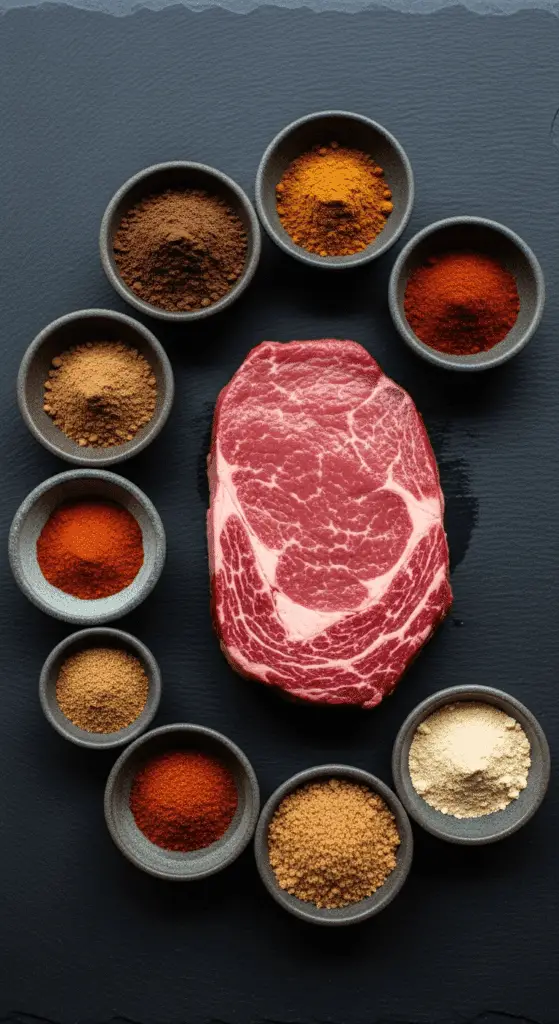 Ingredients for the Spicy Cocoa Steak Rub and a raw ribeye steak.