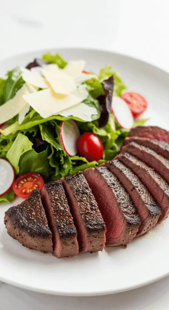 A plated meal of the sliced cocoa-rubbed steak and a fresh side salad.