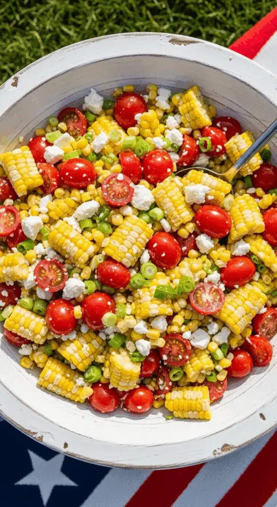 A large bowl of fresh Corn and Tomato Salad at a 4th of July picnic