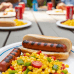 A serving of Corn and Tomato Salad on a plate at a 4th of July cookout.