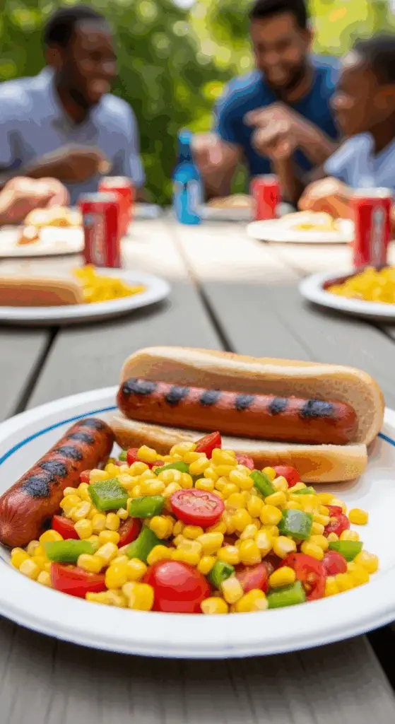 A serving of Corn and Tomato Salad on a plate at a 4th of July cookout.