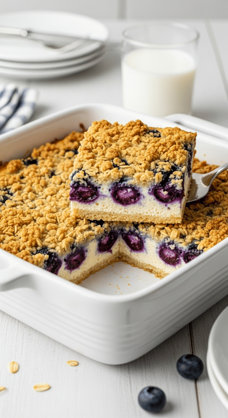 The finished Blueberry Cottage Cheese Breakfast Bake in a dish with a slice removed.