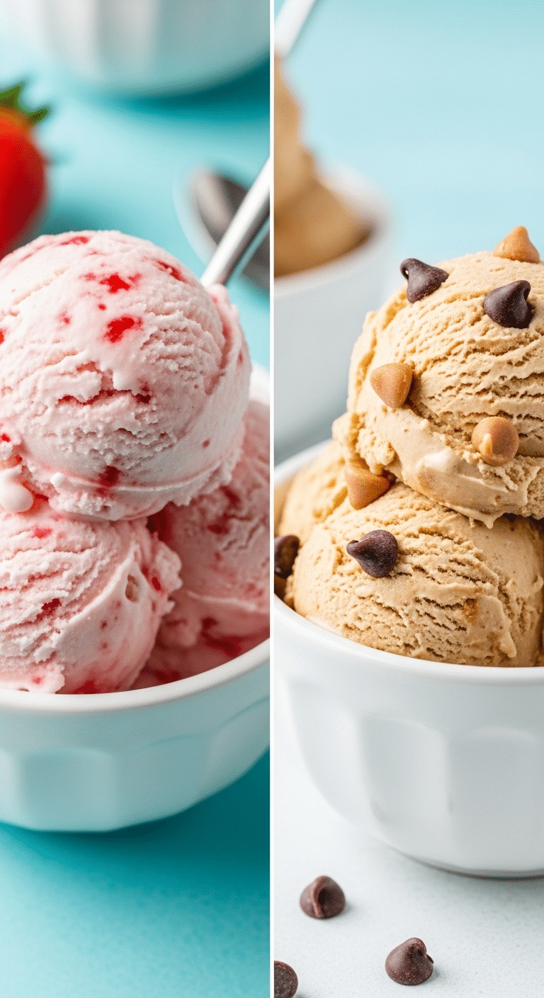 Two different flavors of homemade Cottage Cheese Ice Cream in bowls.