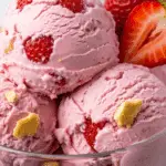 A bowl of the Strawberry Cheesecake variation of the Cottage Cheese Ice Cream.
