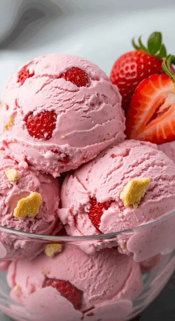 A bowl of the Strawberry Cheesecake variation of the Cottage Cheese Ice Cream.