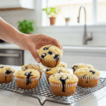 A hand grabbing a Cottage Cheese Muffin to take as a healthy, on-the-go breakfast.