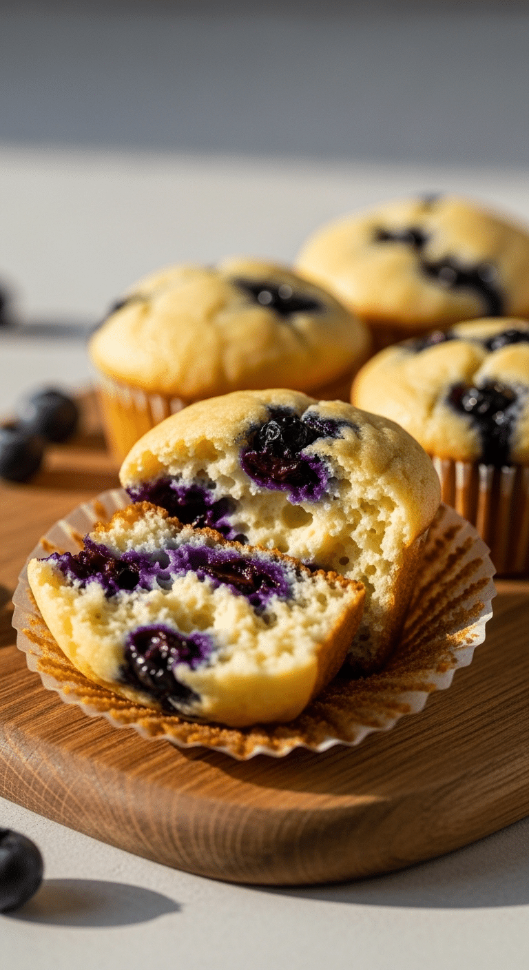Three healthy, high-protein Blueberry Cottage Cheese Muffins, one broken in half.