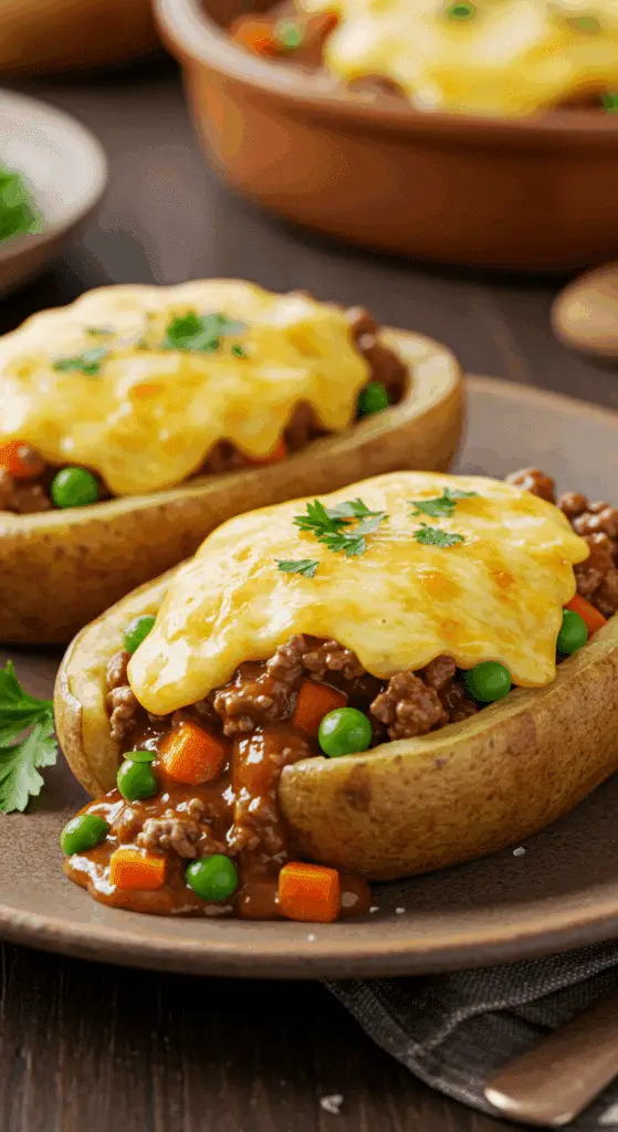 Two delicious and cheesy Cottage Pie Baked Potatoes, loaded with a savory beef filling.