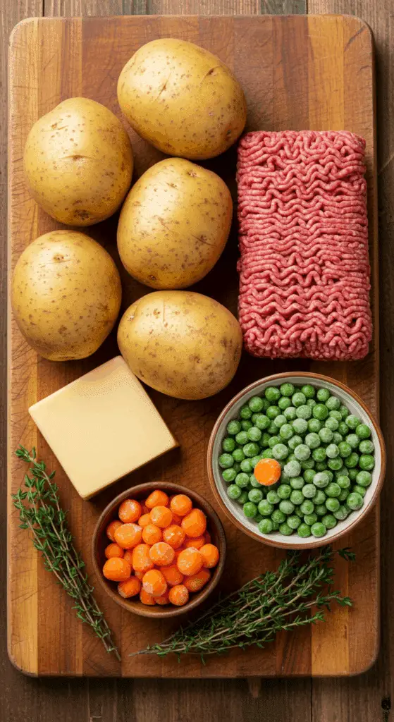 The simple, rustic ingredients for the Cottage Pie Baked Potatoes recipe