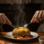 A person cutting into a cheesy, hot Cottage Pie Baked Potato at the dinner table.