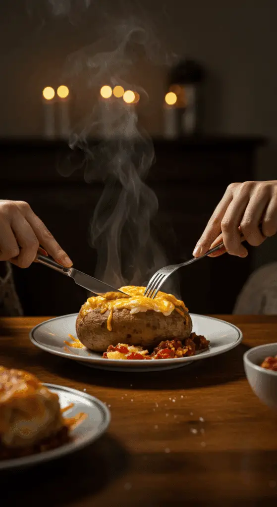 A person cutting into a cheesy, hot Cottage Pie Baked Potato at the dinner table.