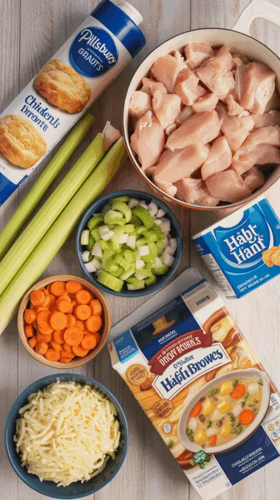 The simple, comforting ingredients for the Chicken Mug Pie recipe laid out on a table.