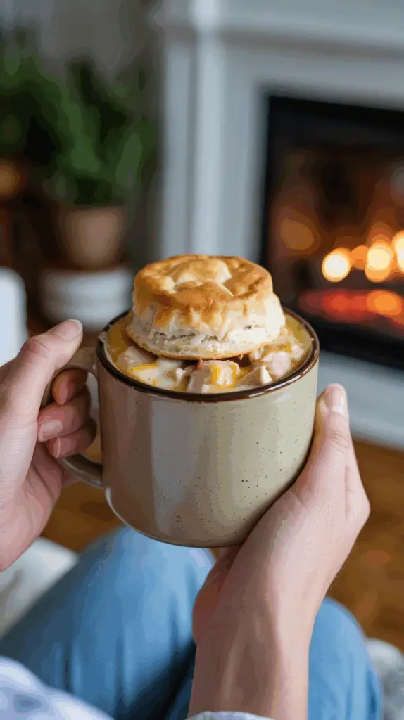 A person holding a warm, comforting mug of Chicken Mug Pie topped with a biscuit.