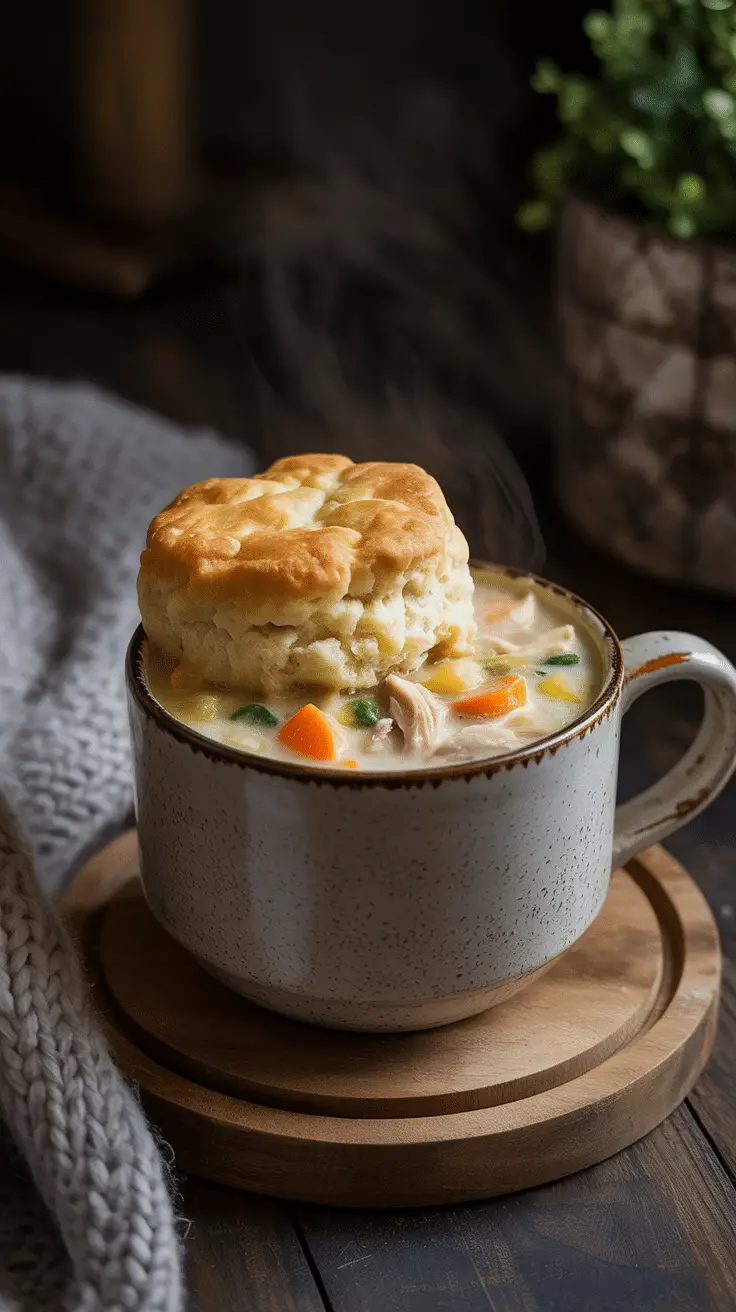 A warm and cozy Chicken Mug Pie with a golden biscuit on top, ready to eat.