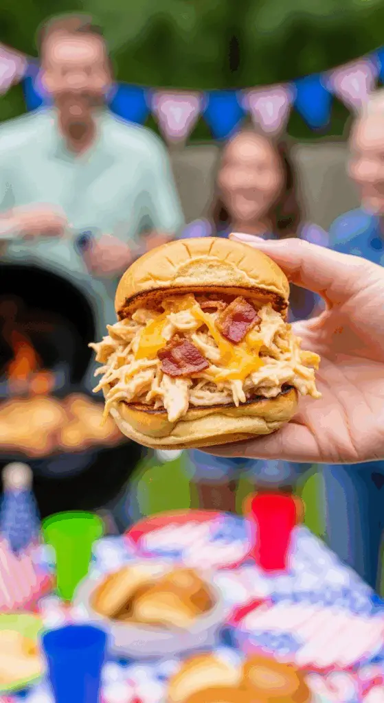A hand holding a delicious slider sandwich filled with Crockpot Crack Chicken.