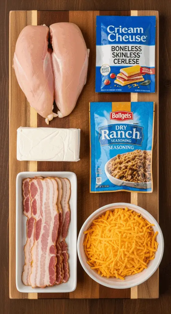 Ingredients for the easy Crockpot Crack Chicken recipe.
