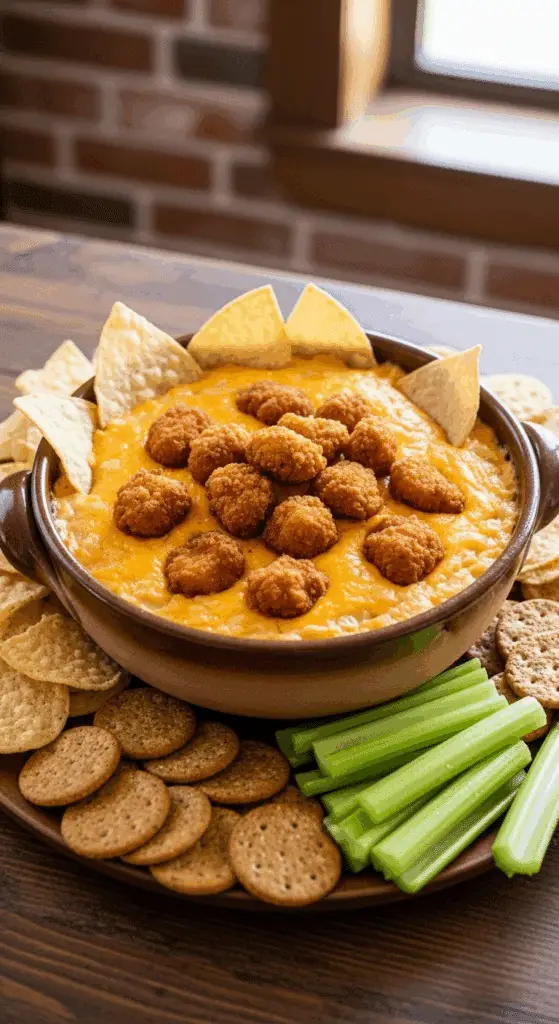 A bowl of warm Crack Chicken dip served with tortilla chips and crackers.