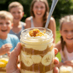 A hand holding a delicious, layered Banana Pudding Jar at a summer potluck.