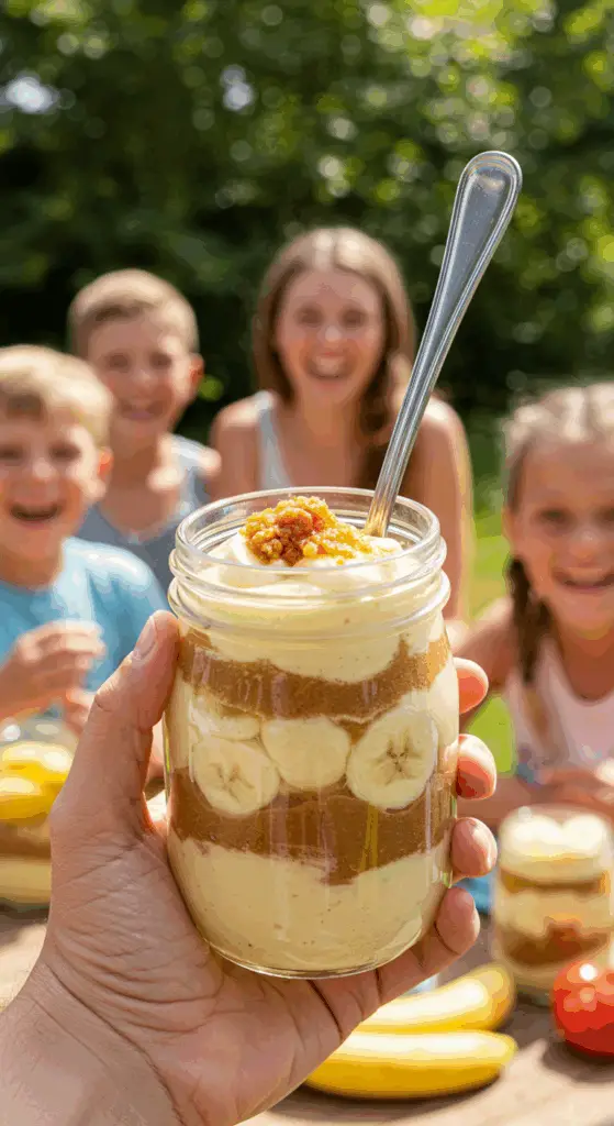 A hand holding a delicious, layered Banana Pudding Jar at a summer potluck.